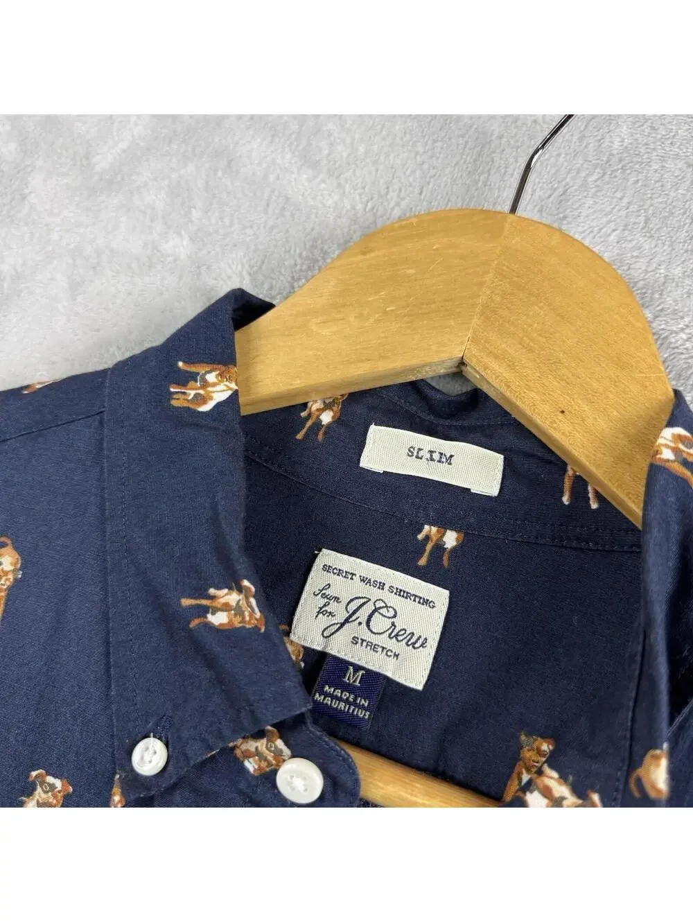 J.Crew Secret Wash Shirt Men Medium Navy Dog Print Button Front Stretch Slim Fit